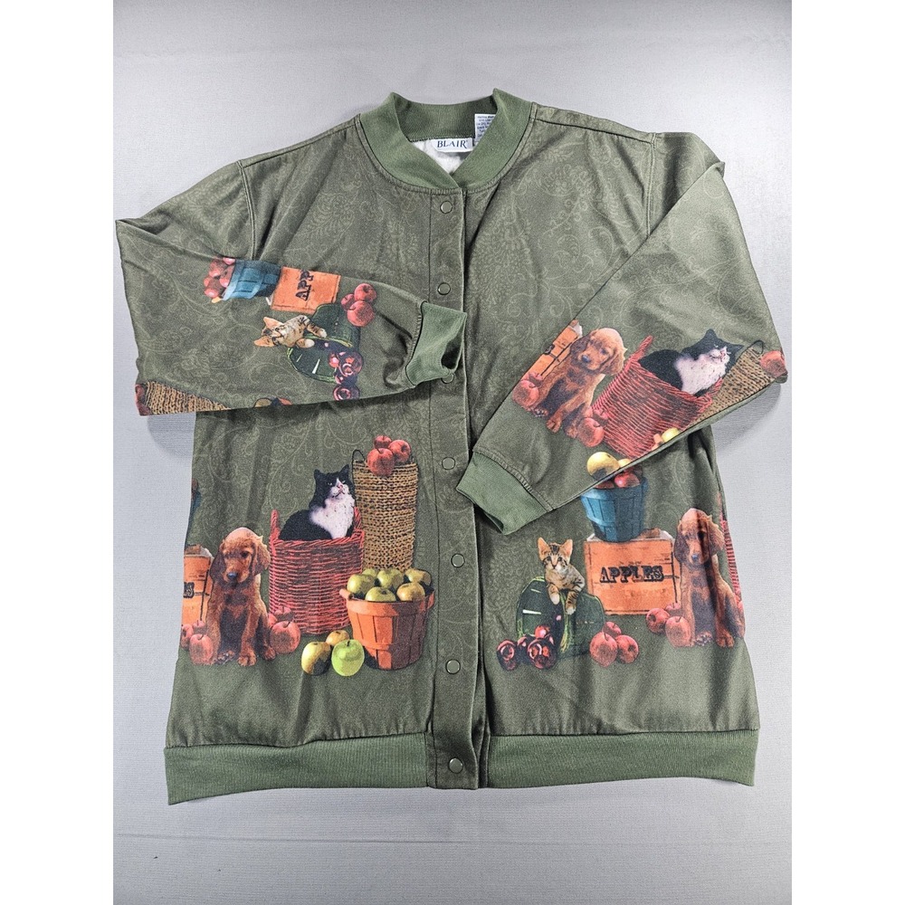 Blair Olive Green Snap Jacket Cardigan L Cottage Autumn Cats Dogs Grandmacore